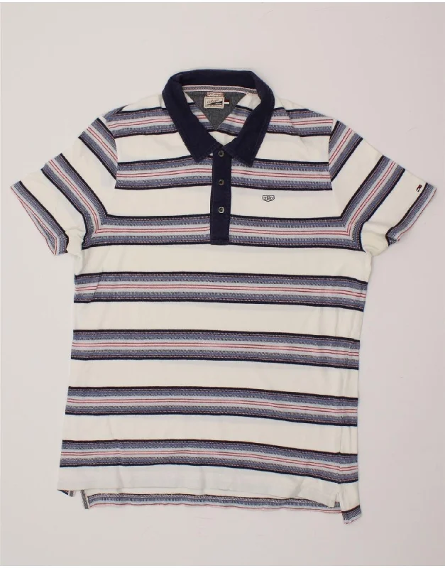 TOMMY HILFIGER Mens Polo Shirt XL Navy Blue Striped CottonWomen’s versatile polo shirt style