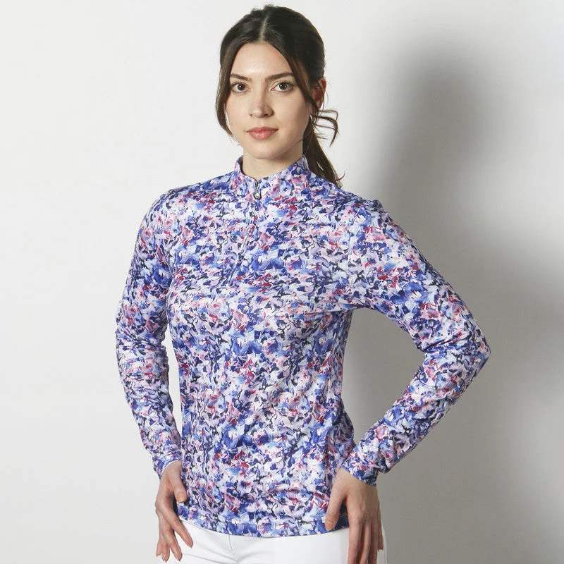 Daily Sports: Women's Ravenna Long Sleeve Polo Shirt - Blue Flower Polo shirt women’s for brunch