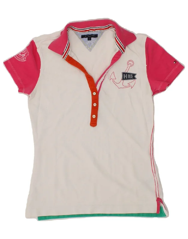 TOMMY HILFIGER Womens Graphic Polo Shirt UK 10 Small White ColourblockTrendy polo shirt women