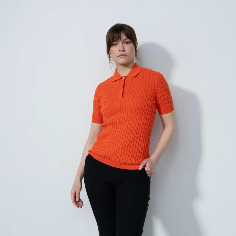 Daily Sports: Women's Madelene Cable Knit Short Sleeve Polo Shirt - Orange Women’s embroidered polo shirt style