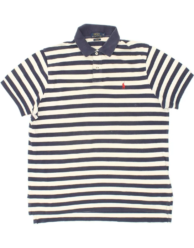 POLO RALPH LAUREN Mens Custom Fit Polo Shirt XL Navy Blue Striped CottonWomen’s casual polo shirt style