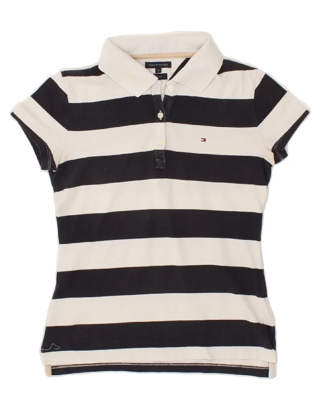 TOMMY HILFIGER Womens Slim Fit Polo Shirt UK 10 Small Black Striped CottonSimple polo shirt women