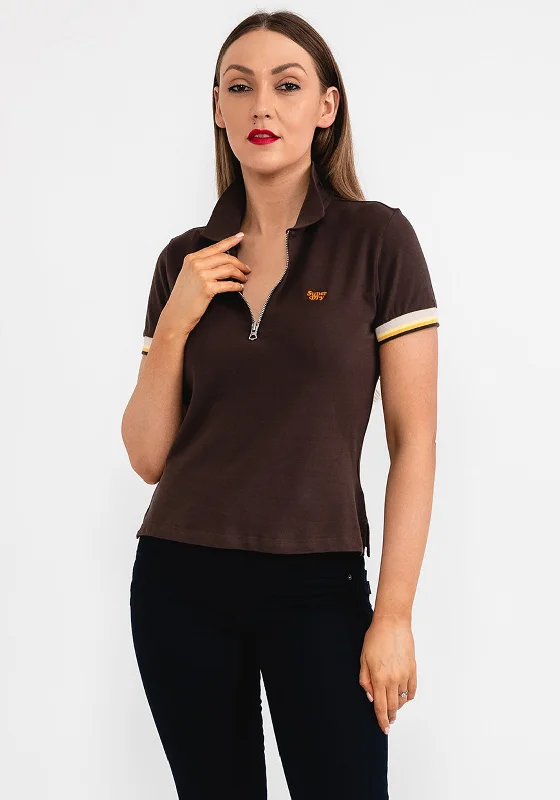 Superdry Womens Zip Polo Shirt, Dark Chocolate BrownWomen’s elegant polo shirts fashion