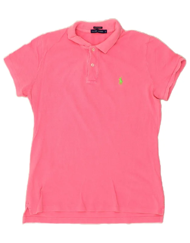 RALPH LAUREN Womens Skinny Polo Shirt UK 16 Large Pink CottonComfortable cotton polo shirts women