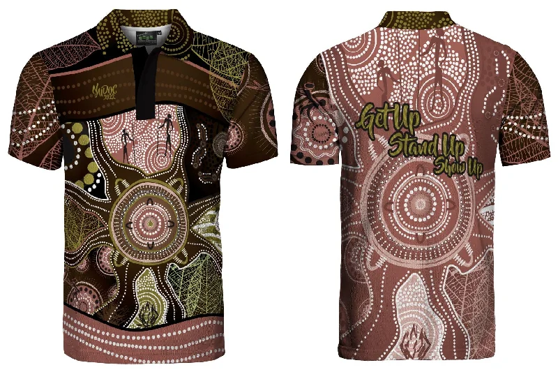 NAIDOC 2022 - Polo Shirt Adults - Design 1 Olive/BrownWomen’s polo with buttons