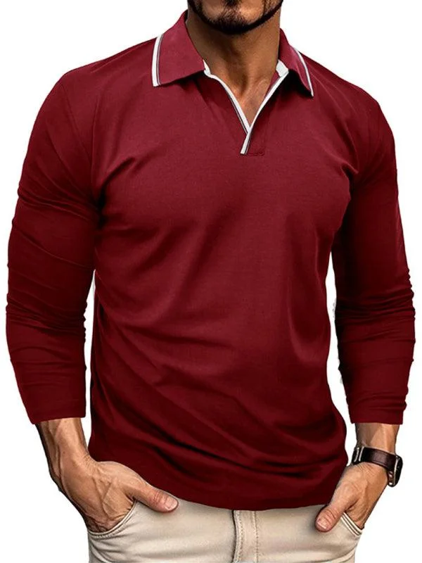 Men's Long-Sleeved V-Neck Lapel Polo Shirt Polo shirt women’s with print