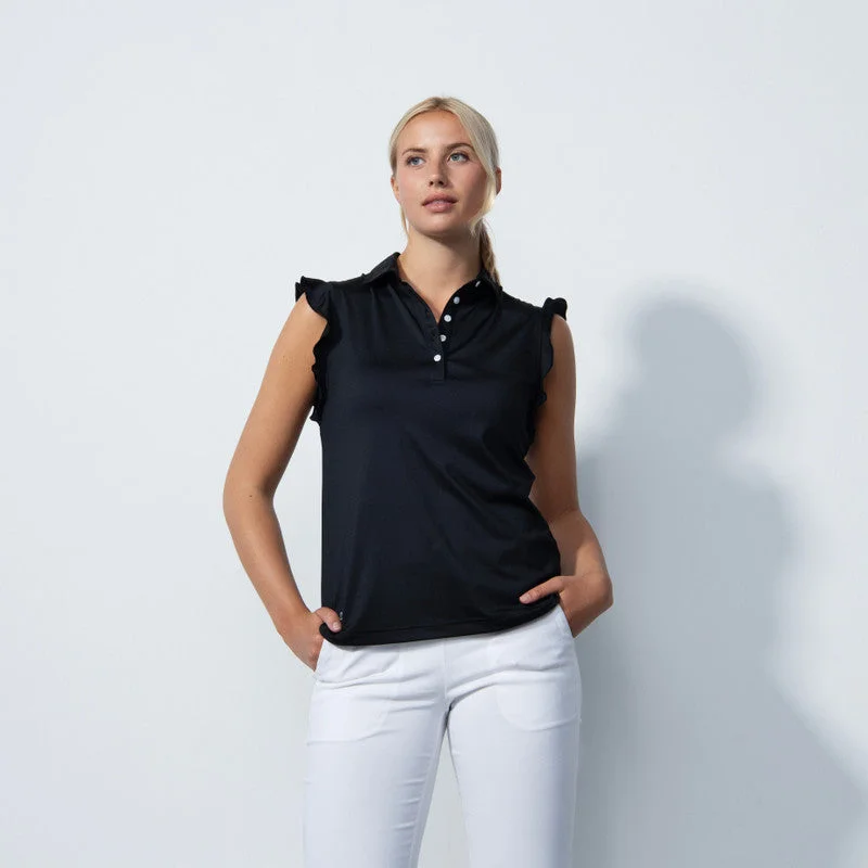 Daily Sports: Women's Ruffle Sleeveless Polo Shirt - Black Women’s comfy polo shirt set