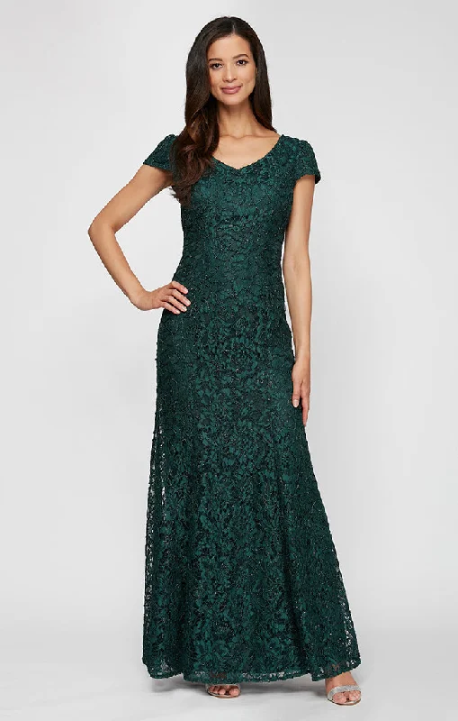 Long Corded Lace V-Neck Fit and Flare Dress with Cap Sleeves Tunics Winter warm