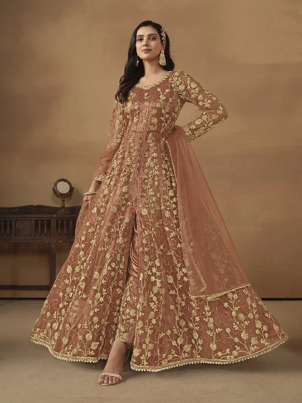 Coffee Brown Classy Designer Readymade Net Anarkali Dress With Embroidery Work Halter Neckline Beach