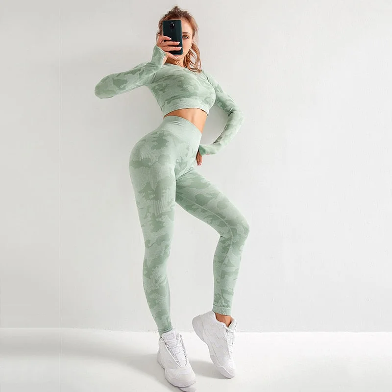 RUUHEE Women Yoga Set Camouflage Seamless Long Sleeve High Waist Leggings and Bra Workout Sportwears 2 Piece  Gym Suit Female Stylish Pockets Active Leggings