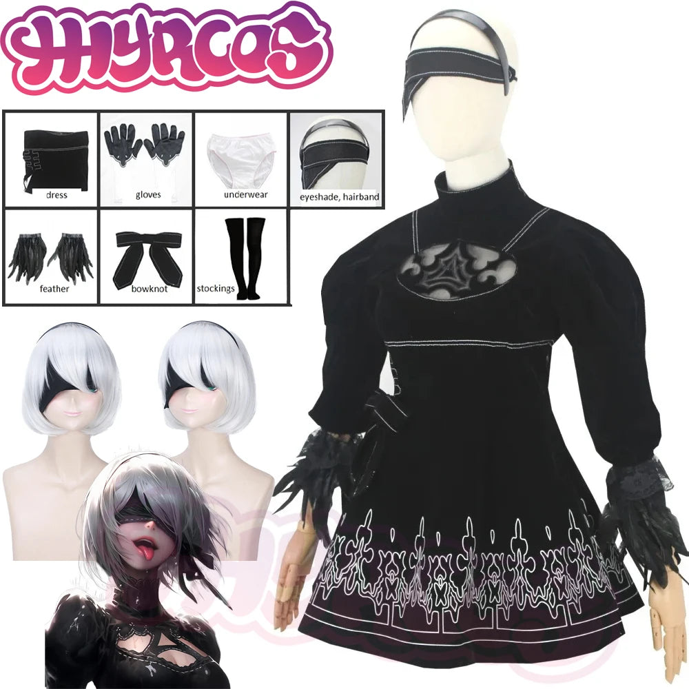 Game NieR YoRHa No. 2 Type B Cosplay Costume Wigs Automata 2B Dress Black Uniform 2B Dress Eyemask Glove Hairpin For Women Party Tunics Running lightweight