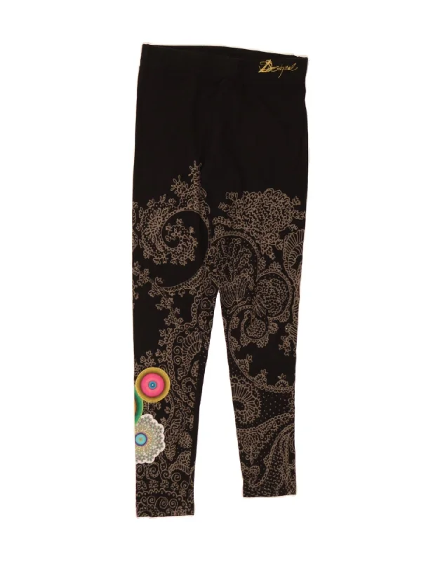 DESIGUAL Womens Graphic Leggings UK 12 Medium  Black Floral Stylish High-Waisted Leggings