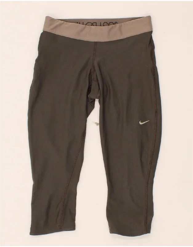 NIKE Womens Dri Fit Capri Leggings UK 8 Small Brown Polyester Fashionable Solid Color Tights