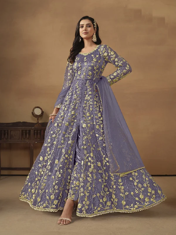 Lavender Classy Designer Readymade Net Anarkali Dress With Embroidery Work Floral Print girly