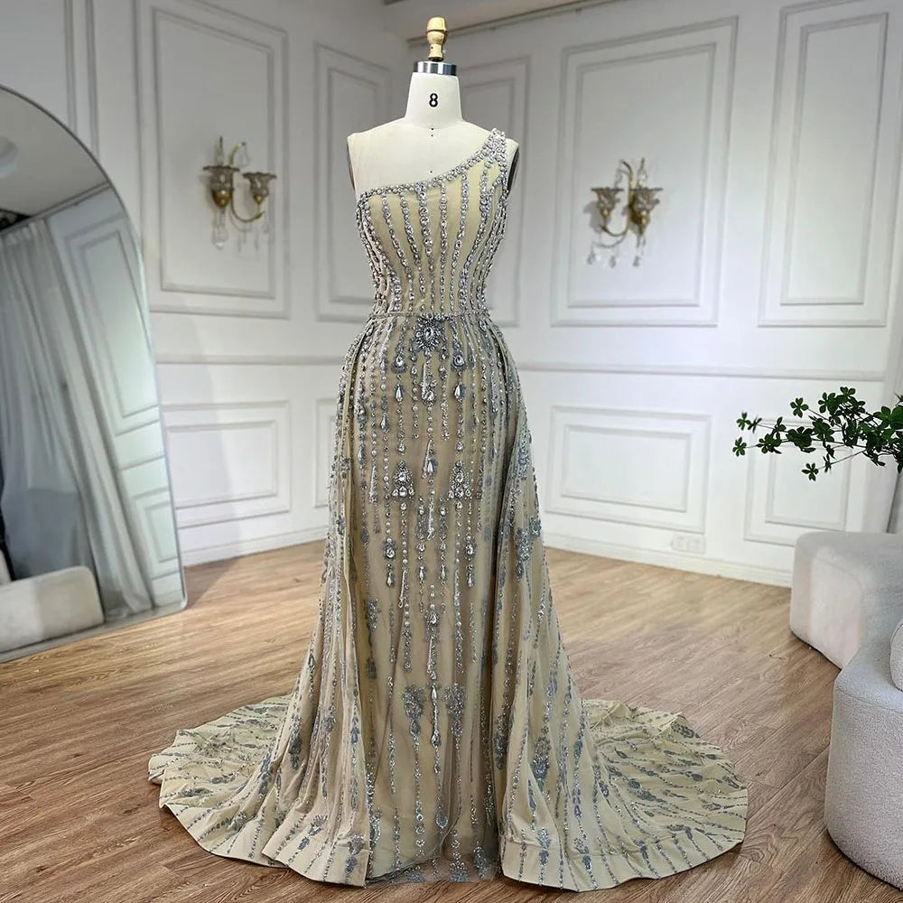 Serene Hill Luxury Dubai Arabia Nude Beaded One Shoulder Mermaid Elegant Evening Dresses Gowns For Woman Wedding Party LA71538 Tunics Yoga stretchy