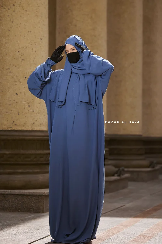 Prayer / Salah Dress One Piece Jilbab Blue 100% Cotton - Super Breathable Comfy Style Tunics Occasion special