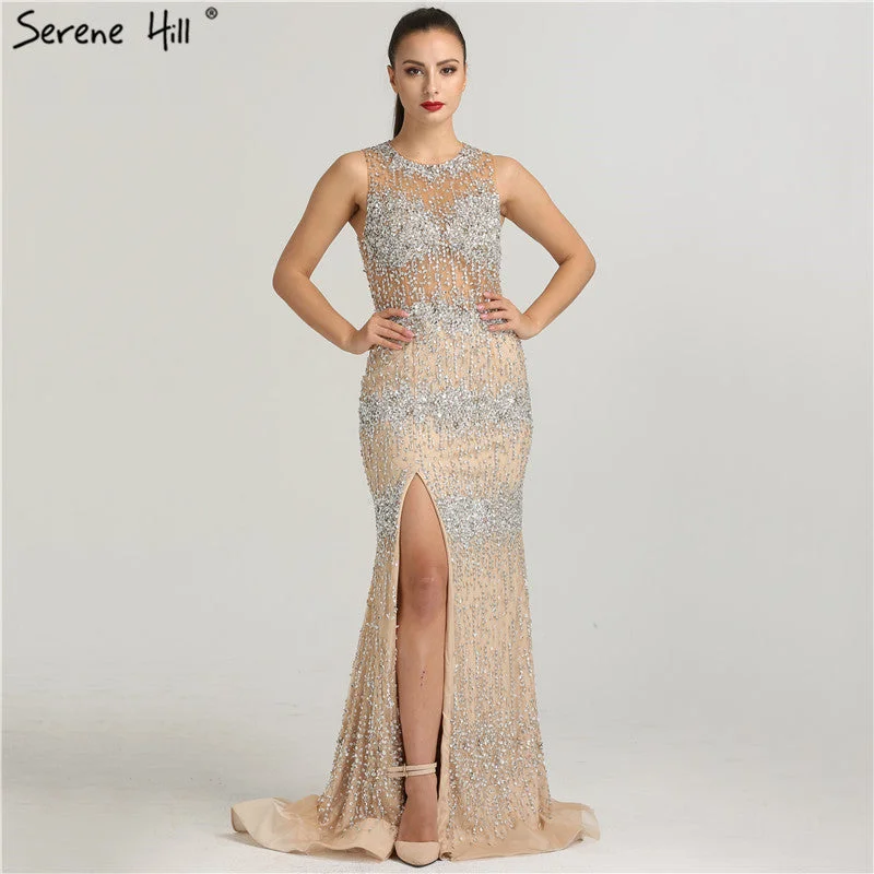 Dubai Designer Sleeveless Sexy Tulle Evening Dresses Beading Crystal Mermaid Sparkle LA6277 Tunics Trendy modern