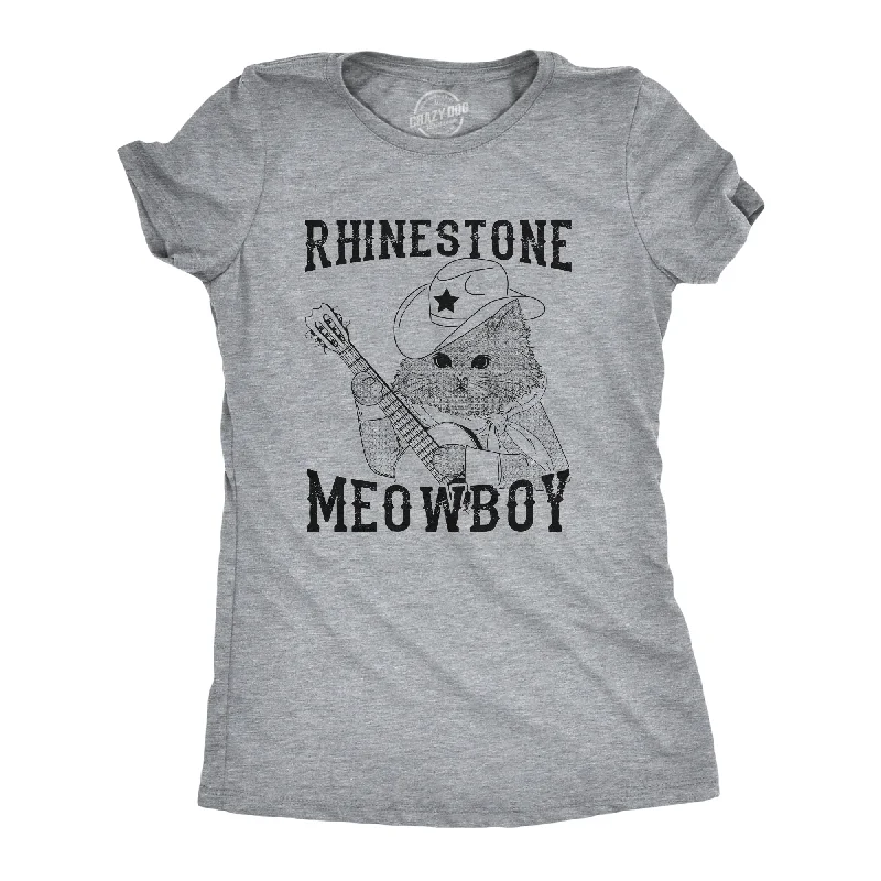 Rhinestone Meowboy Women's T Shirt-- Front Pockets Side Pockets Patch Pockets