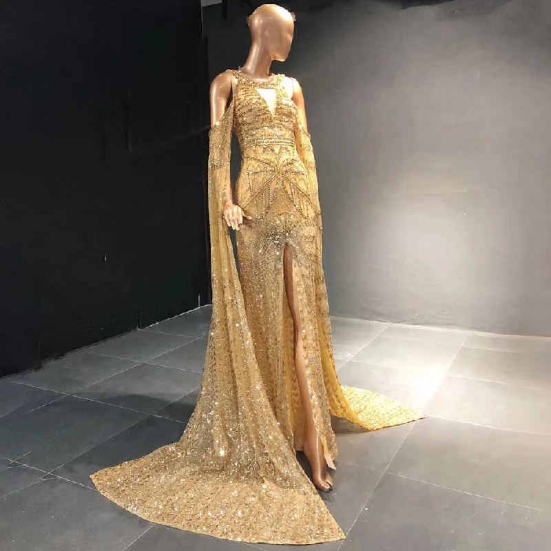 Gold Mermaid Elegant High Split Evening Dresses Gowns 2024 Beaded Luxury Cape Sleeve For Women Party Serene Hill LA71503 Tunics Seasonal trendy