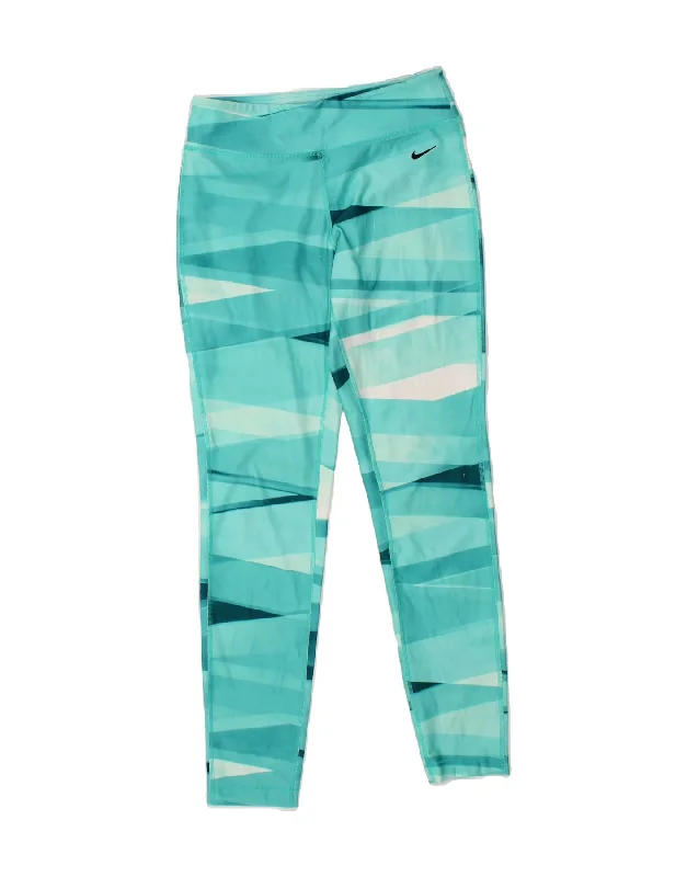 NIKE Womens Dri Fit Leggings UK 12 Medium Blue Geometric Comfortable Capri-Length Leggings