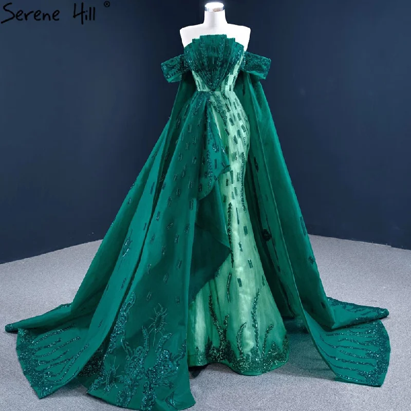 Serene Hill Green With Train Mermaid Evening Dresses Gowns 2024 Satin Elegant Luxury Sexy For Women Party HM67231 Turtleneck Neckline Stylish