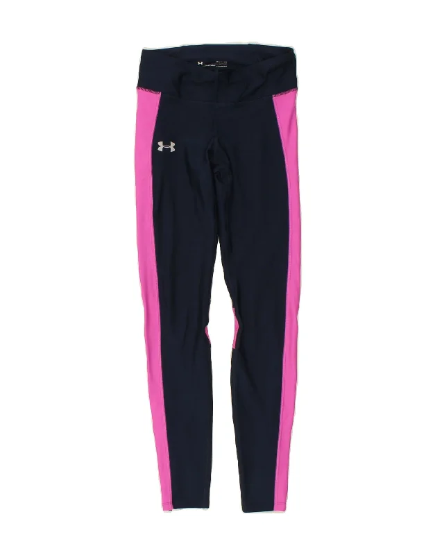 UNDER ARMOUR Womens Heat Gear Leggings UK 8 Small Navy Blue Colourblock Fashionable Floral Active Leggings