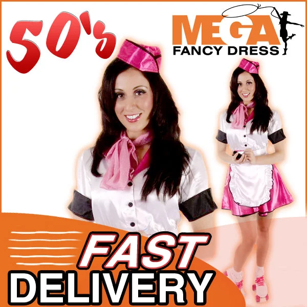 Ladies 50's Diner Waitress Grease Fancy Dress Costume Tunics Trendy modern