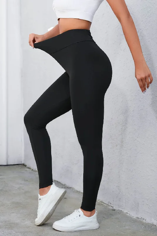 Black Tummy Control High-Waist Leggings Fashionable Embroidered Detail Leggings