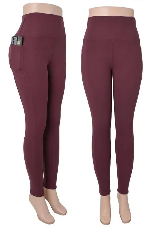 Athleisure Fleece Lined Leggings w/Phone Pocket - Lychee Deep Red Trendy Side-Pocket Leggings