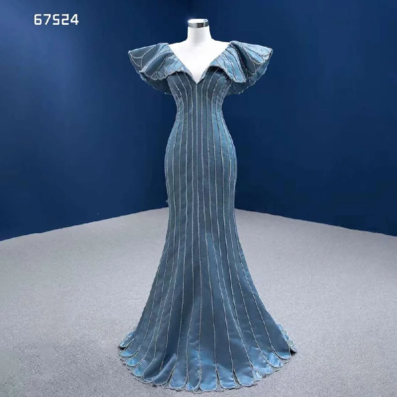 Serene Hill Blue Mermaid Elegant V Neck Luxury Beaded Evening Dresses Gowns For Women Party 2024 High End Custom Made HM67524 Tunics Trendy modern