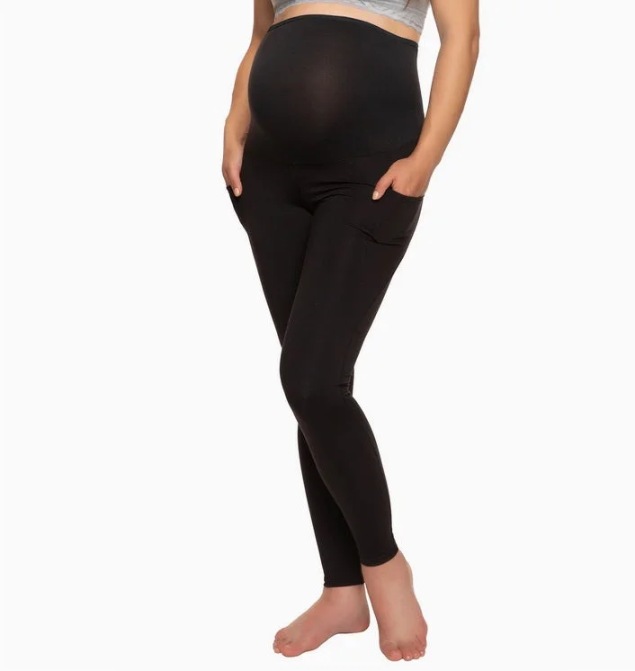 Maternity Sueded Side Pocket Active Athleisure Leggings, Classic Black Comfortable Slip-On Leggings