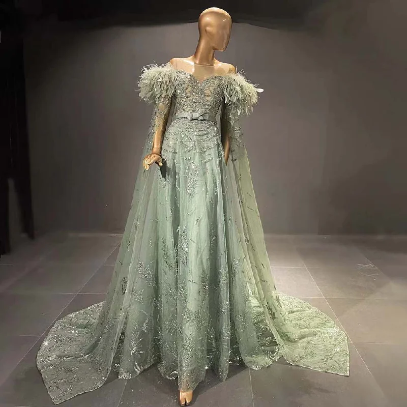 Green Capes Sleeves Luxury Evening Dresses Gowns 2024 Beaded Feather Elegant For Women Party Serene Hill LA71521 Tunics Long Elegant