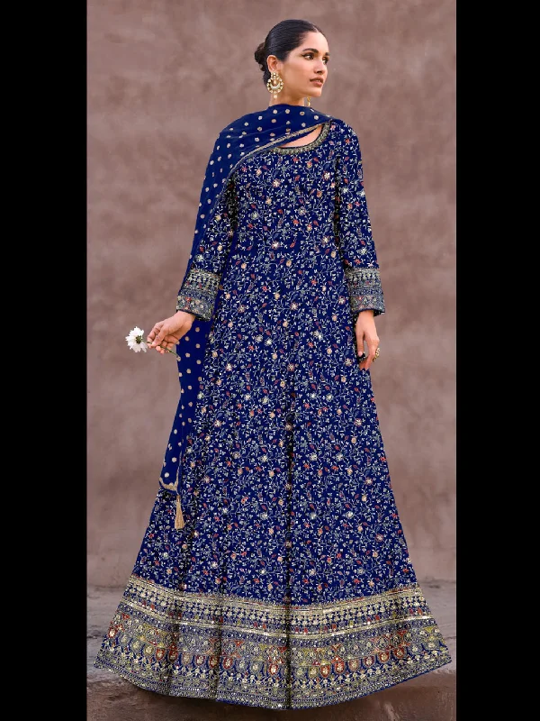 Navy Blue Classy Designer Readymade Anarkali Dress With Embroidery Work Tunics Office stylish