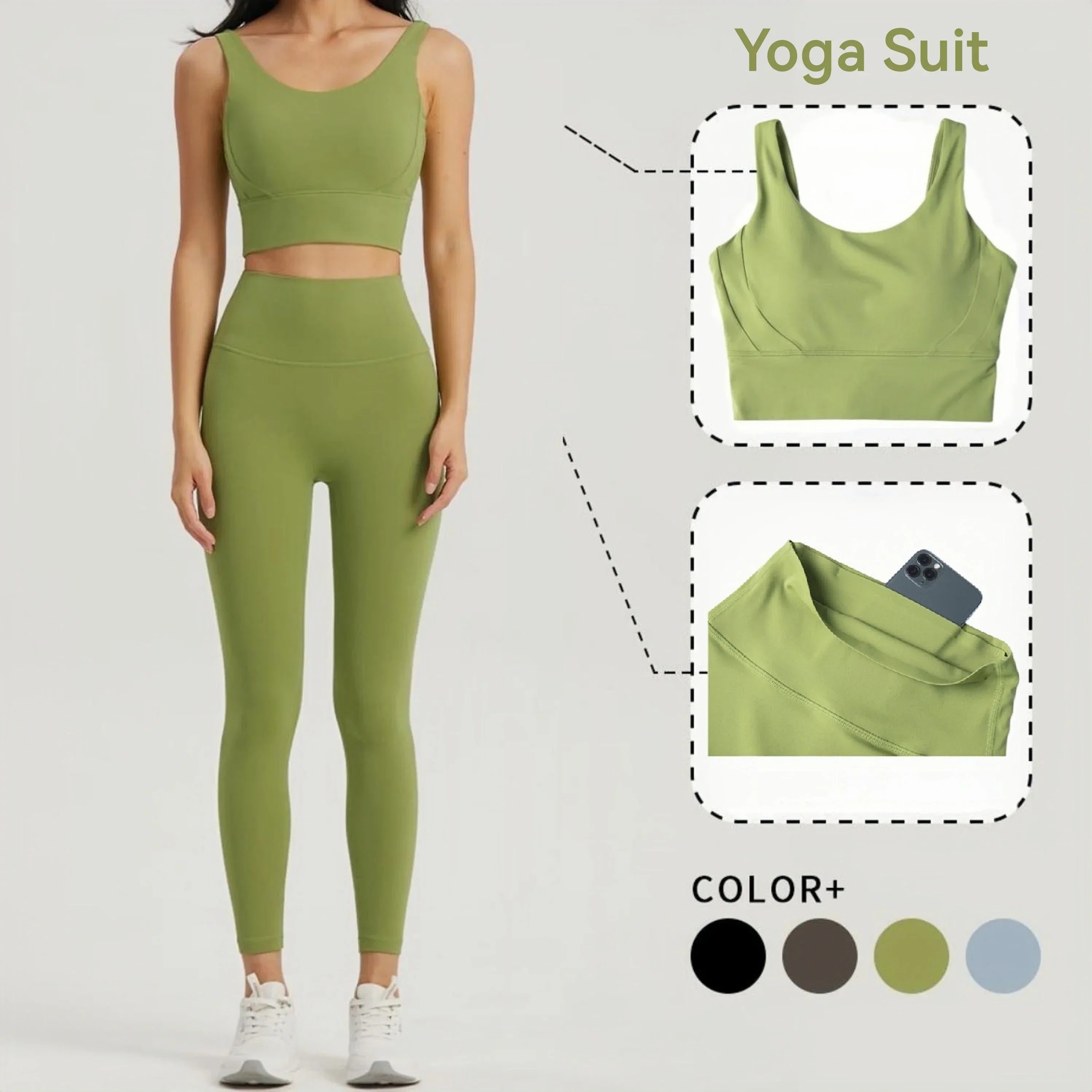 Seamless Yoga Set Women Lycra Gym Clothing Sports Bra Semi-Fixed Cups Workout Tops Anti Rolling Yoga Leggings with Pocket Tights Comfortable Zip-Up Leggings