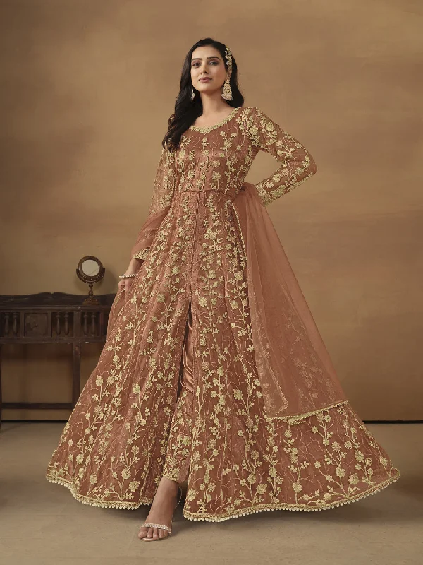 Rust Heavy Designer Readymade Anarkali Dress With Embroidery Work Tunics Luxurious high-end