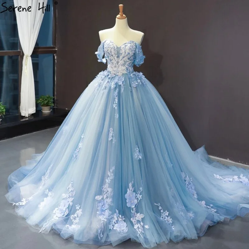 Serene Hill Clear Water Blue Evening Gowns 2024 Sleeveless Handmade Flowers Diamonds Formal Dress HM66706 Tunics Chic fashionable