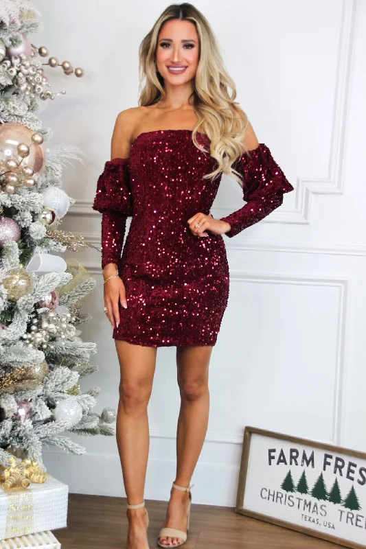 Veronica Off Shoulder Sequin Dress: Wine Tunics Luxurious high-end