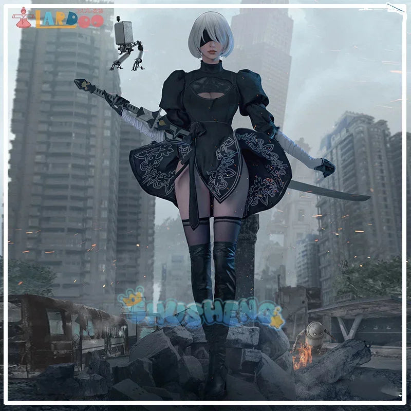 Nier Automata Yorha 2B Cosplay Suit Animal Women Outdo Disguise Suit Set Fancy Halloween Girls Party Black Dress Crew Neckline Casual