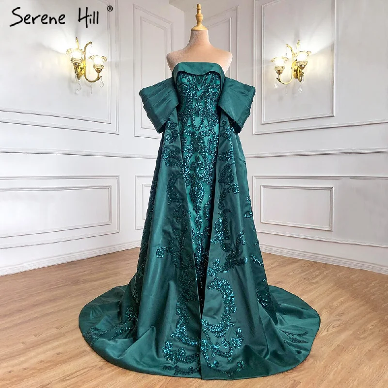 Serene Hill Green Mermaid Luxury Evening Dresses Gowns 2024 Satin Elegant Sexy For Women Party HM67227 Off-the-shoulder Chic Trendy