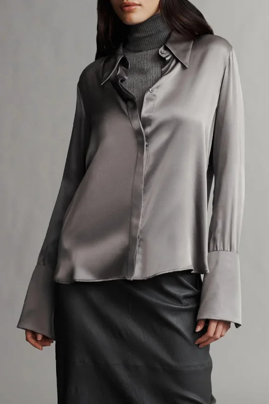 Object Of Affection Shirt With Sleeve Detail | Gunmetal-- Front Pockets Side Pockets Patch Pockets