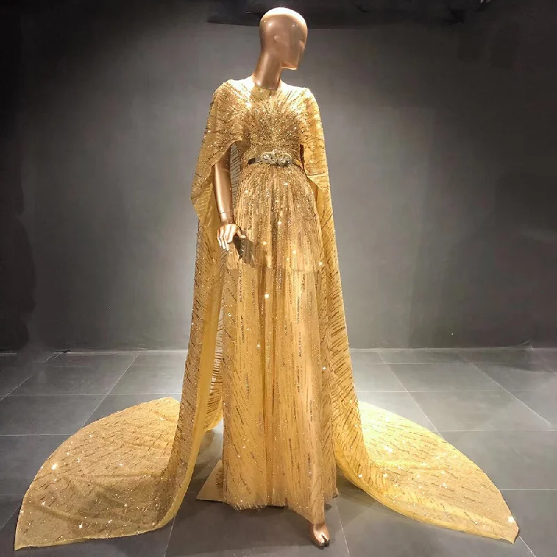 Gold Luxury A-Line Evening Dresses Gowns 2024 Beaded Elegant Cape Sleeves For Women Party Serene Hill LA71502 Tunics Prom sequined