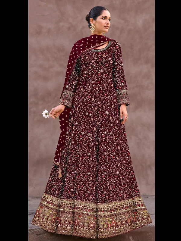 Maroon Classy Designer Readymade Anarkali Dress With Embroidery Work Tunics Evening elegant