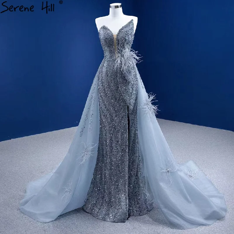 Serene Hill Grey Mermaid Overskirt Evening Dresses Gowns 2024 Feather Beaded Elegant For Women Party HM67340 Tunics Sophisticated sleek