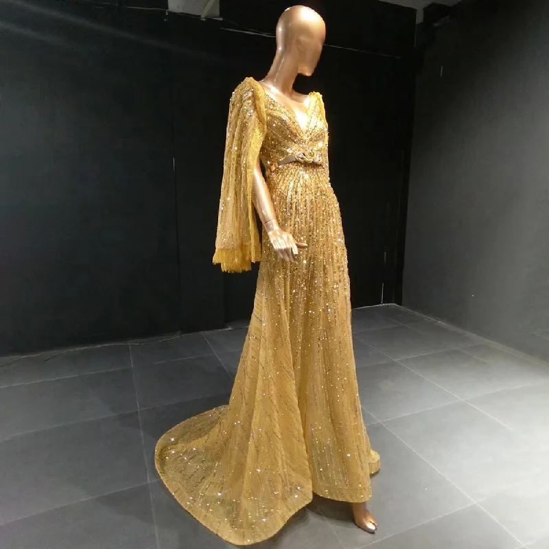 Serene Hill Gold Cape Sleeve Evening Dresses Gowns 2024 A-Line Beaded Elegant Luxury For Women Party LA71504 Tunics Winter warm