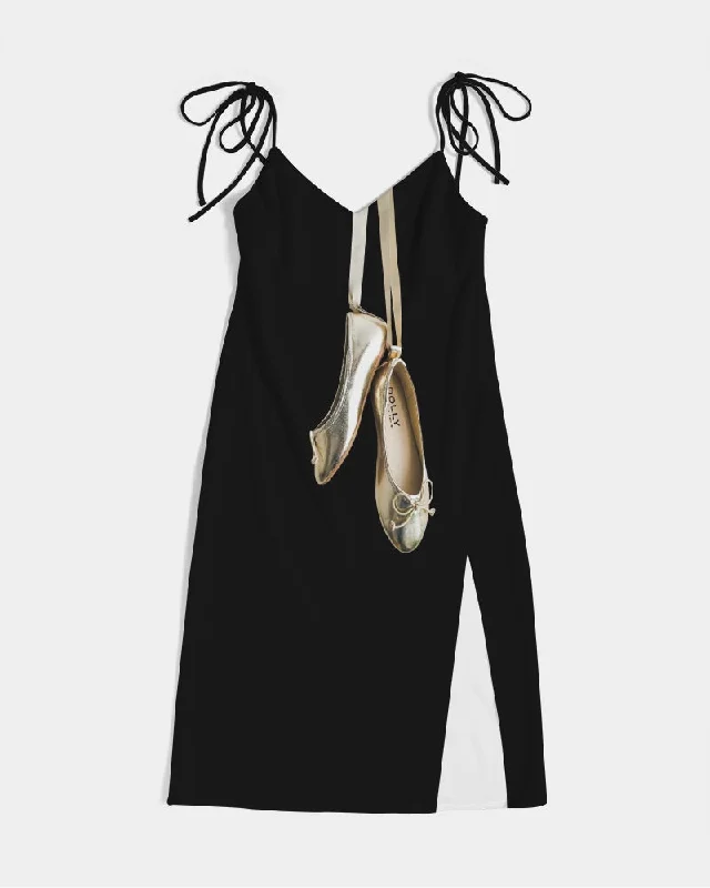 DOLLY GOLD BALLERINAS Women's Tie Strap Split Dress black Tunics Evening elegant