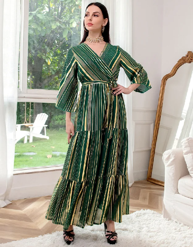 Gold Stamping Striped Chiffon Long Evening Party Gown Dress Tunics Top rated