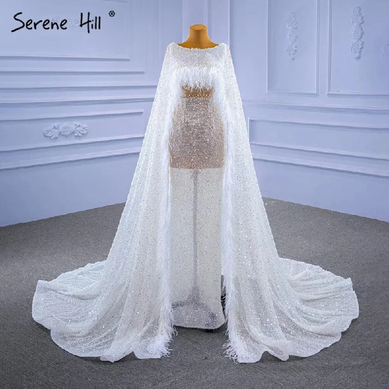 Serene Hill White High-end Luxury Evening Dresses Gowns 2024 Beaded Feather Cape Sleeve For Women Party HM67305 Tunics Long Elegant