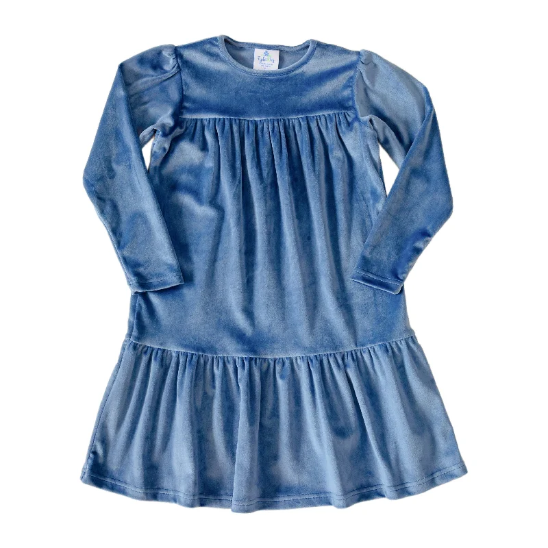 Samantha Girls Dress - French Blue Velveteen Tunics Party sparkling