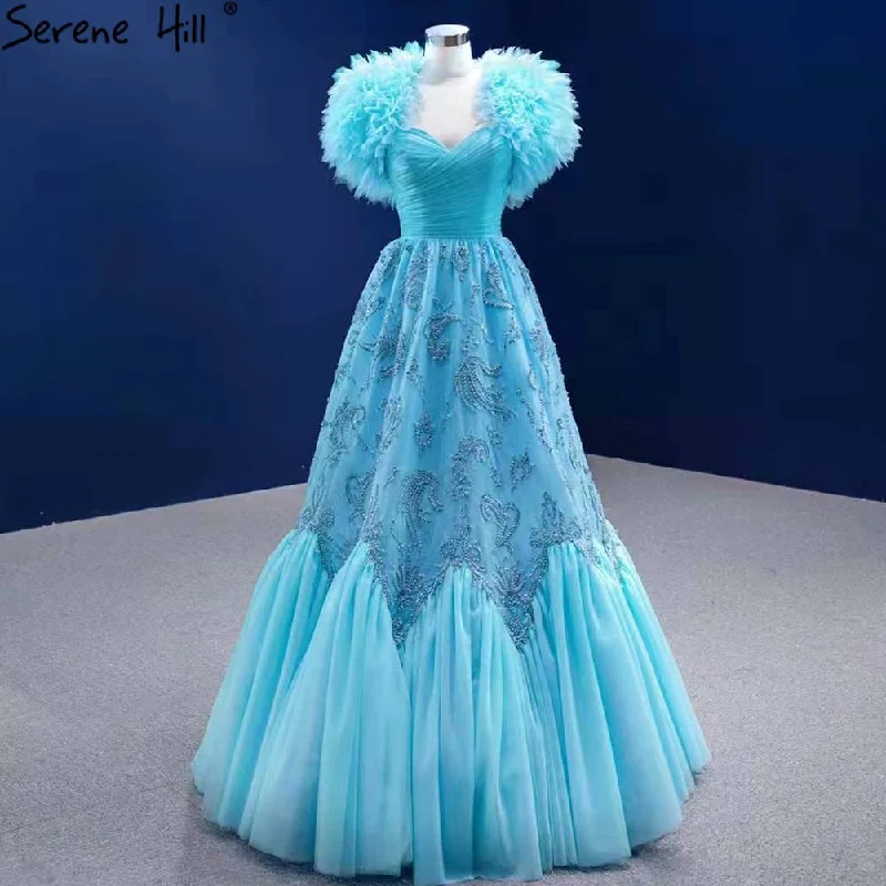 Serene Hill Water Blue Luxury Evening Dresses Gowns 2024 A-Line Beaded High-end For Women Wedding Party HM67419 Tunics Exclusive limited