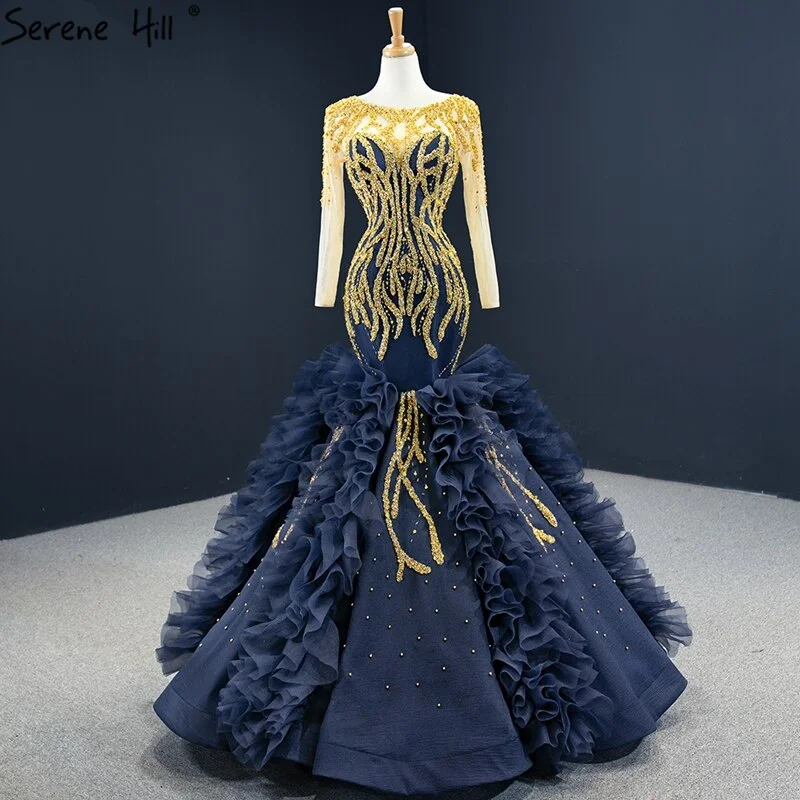 Navy Blue Mermaid High-end Sexy Evening Dresses 2024 Long Sleeve Beading Lace Up Sexy Formal Dress Serene Hill HM67132 Tunics Prom sequined